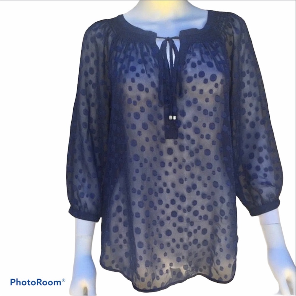 Swimsuit Cover or Blouse Sheer Polkadot Navy Blue